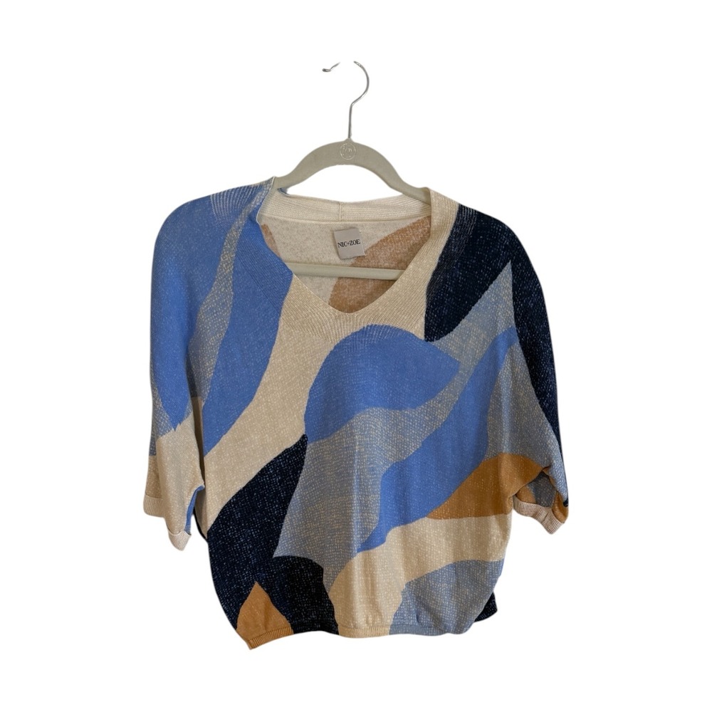 NIC+ZOE Sweater Blue M Womens V-Neck Abstract Dolman Sleeve Knit Top